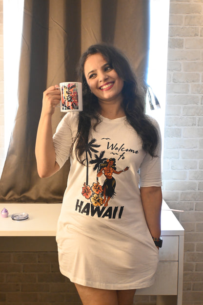 Hawaii T-Shirt Dress with Pockets in White