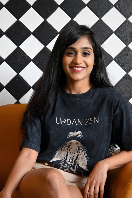 Edi's Urban Zen Collection featuring the design Stonewashed Unisex Oversized T-Shirt "Urban Zen" as worn by a beautiful girl