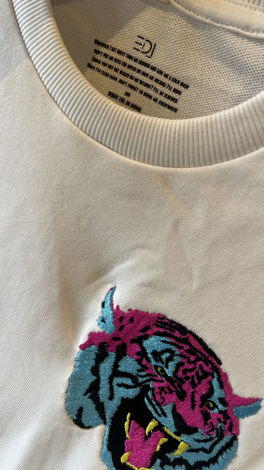 Edi's Urban Zen Collection - featuring Lagoon Tiger Embroidered White Unisex Oversized T-Shirt in 280 GSM French Terry Cotton. The picture has the up close view of the embroidery, neck details