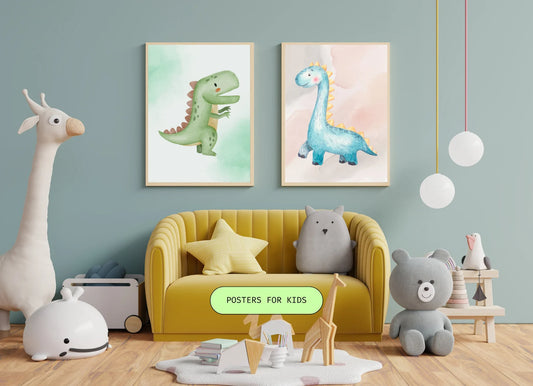 Roar into Adventure: A Dynamic Duo of Cute Dino Digital Posters for Your Little Explorer's Bedroom!