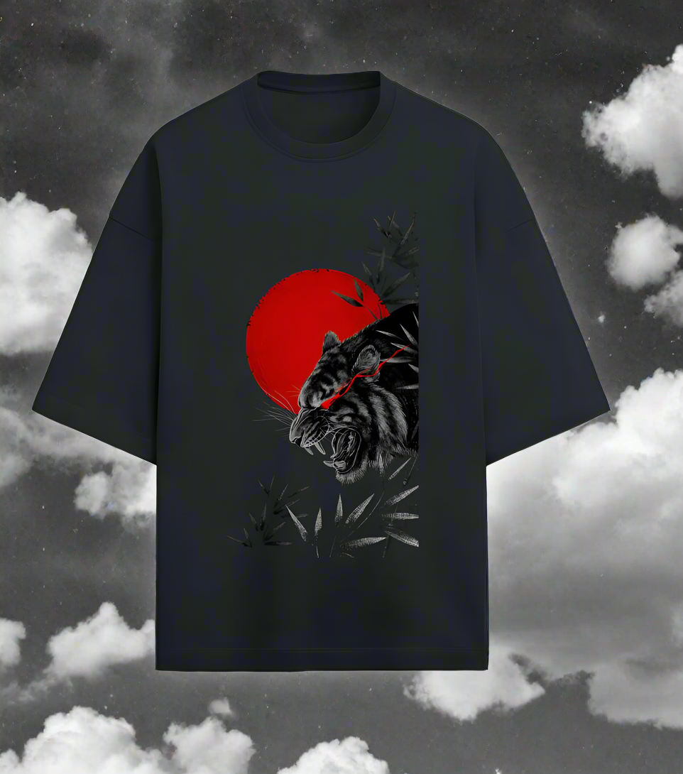 Edi's Urban Zen Collection featuring the "Roaring Tiger In The Night" Navy French Terry Oversized Unisex T-Shirt - Front Design