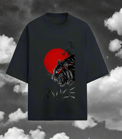 Edi's Urban Zen Collection featuring the "Roaring Tiger In The Night" Navy French Terry Oversized Unisex T-Shirt - Front Design